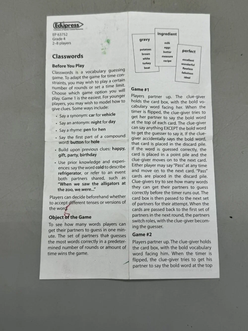 Classwords Grade 4 Vocabulary Game By Edupress 2-8 Players Includes English READ